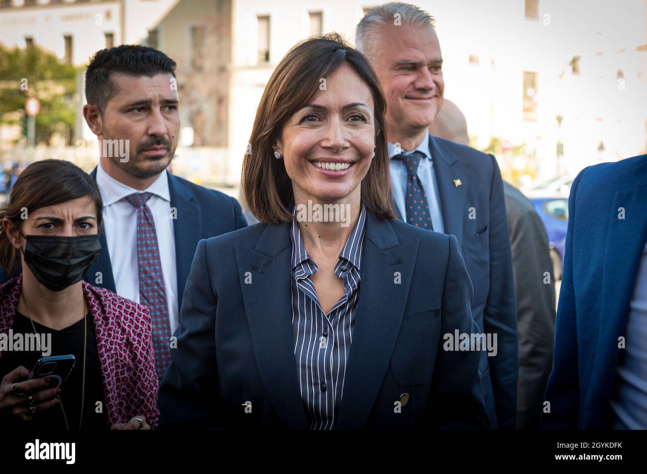 Turin, Italy. 08th Oct, 2021. Mara Carfagna, Minister for the South and territorial cohesion, smiles as she arrives at piazza Bengasi for an electoral event part of her institutional visit to Turin. Credit: Nicolò Campo/Alamy Live News Stock Photo