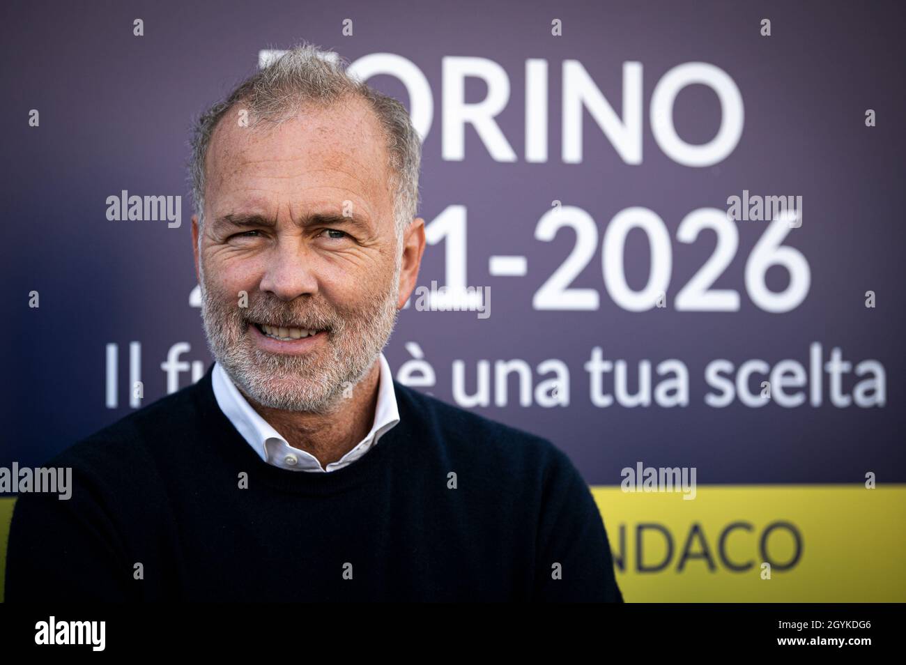 Turin, Italy. 08th Oct, 2021. Paolo Damilano, Mayor of Turin candidate for centre-right coalition, smiles during an electoral event part of institutional visit to Turin of Minister for the South and territorial cohesion Mara Carfagna. Credit: Nicolò Campo/Alamy Live News Stock Photo