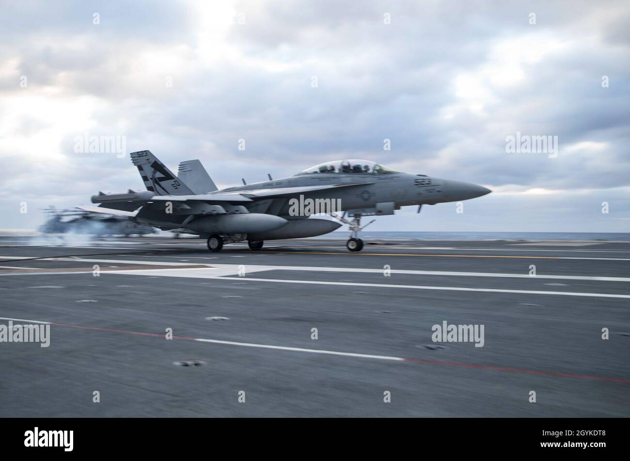 ATLANTIC OCEAN (Jan. 17, 2020) An EA-18G Growler, assigned to Air Test and Evaluation Squadron (VX) 23, approaches USS Gerald R. Ford's (CVN 78) flight deck. Ford is currently conducting Aircraft Compatibility Testing to further test its Electromagnetic Aircraft Launch Systems (EMALS) and Advanced Arresting Gear (AAG). (U.S. Navy photo by Mass Communication Specialist Seaman Zack Guth) Stock Photo
