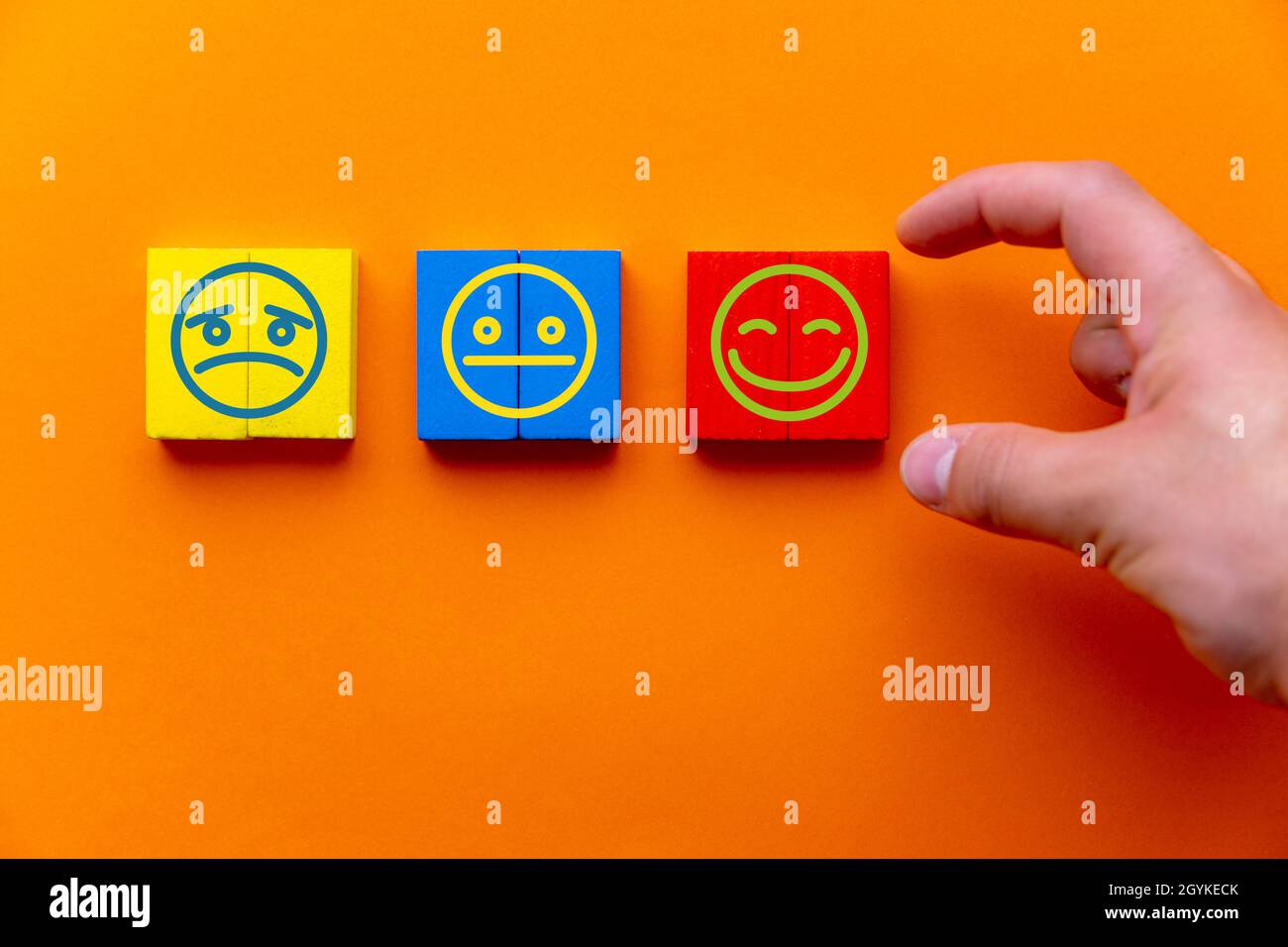 Orange background with emotion tiles to select for customer satisfaction surveys Stock Photo
