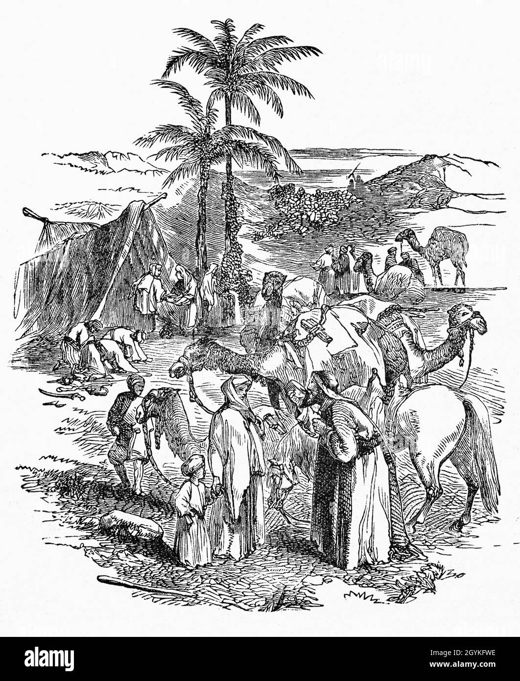 A late 19th Century illustration from the Book of Genesis of Abraham's encampment when he went to live near the great trees of Mamre at Hebron, where he pitched his tents and built an altar to God. Stock Photo