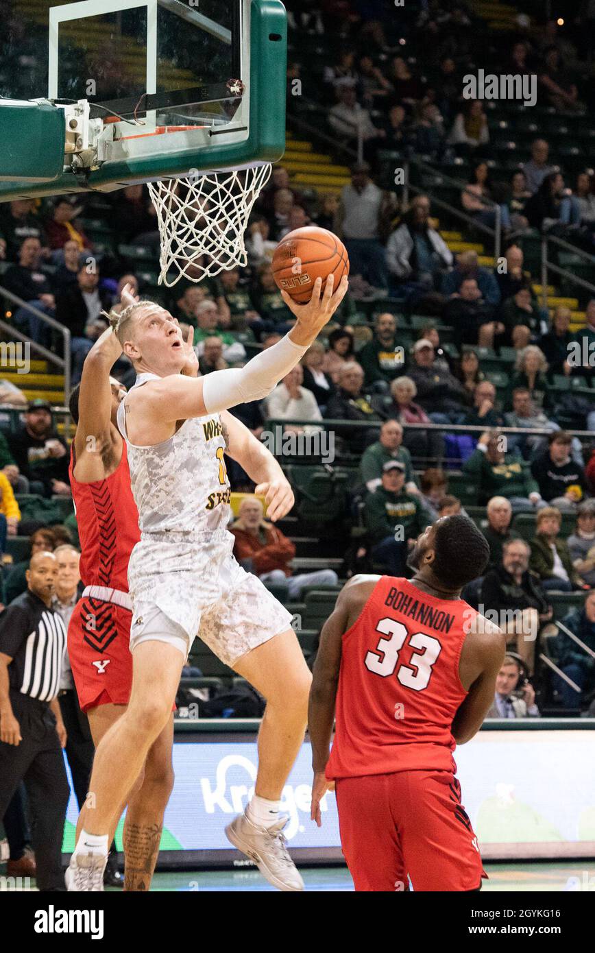 Wright State Raiders center Ludon Love, goes up for a basket against the  Youngstown State Penguins during the Wright State University Men's  Basketball Military Appreciation Night at the Nutter Center in Fairborn,