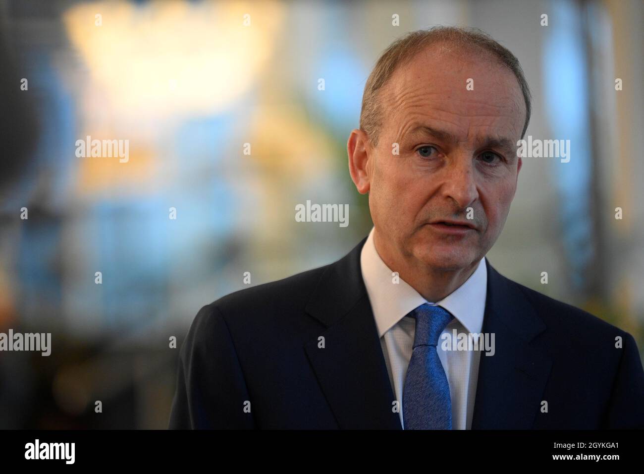 Taoiseach Michael Martin talks to the media at the Grand Central Hotel, during a day-long visit to Belfast. Picture date: Friday October 8, 2021. Stock Photo
