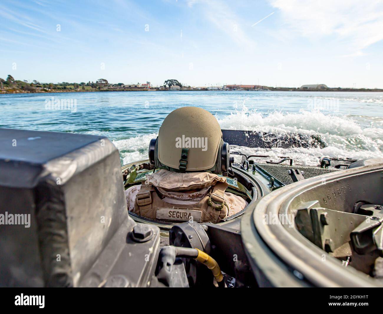 U.S. Marine Corps Sgt. Salomon Segura, an assault amphibious vehicle section leader with 3rd Assault Amphibian Battalion, drives an AAV-P7/A1 assault amphibious vehicle into the water during Exercise Iron Fist 2020 on Marine Corps Base Camp Pendleton, California, Jan. 19. Exercise Iron Fist provides realistic, relevant training necessary for effective combined military operations. (U.S. Marine Corps photo by Lance Cpl. Britany Rowlett) Stock Photo