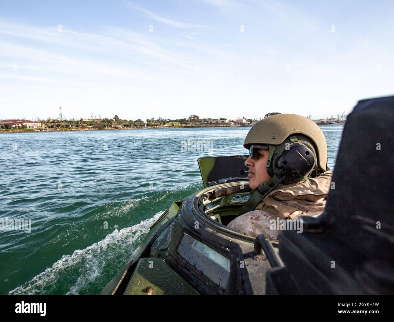 U.S. Marine Corps Sgt. Salomon Segura, an assault amphibious vehicle section leader with 3rd Assault Amphibian Battalion, drives an AAV-P7/A1 assault amphibious vehicle in the water during Exercise Iron Fist 2020 on Marine Corps Base Camp Pendleton, California, Jan. 19. Exercise Iron Fist provides realistic, relevant training necessary for effective combined military operations. (U.S. Marine Corps photo by Lance Cpl. Britany Rowlett) Stock Photo