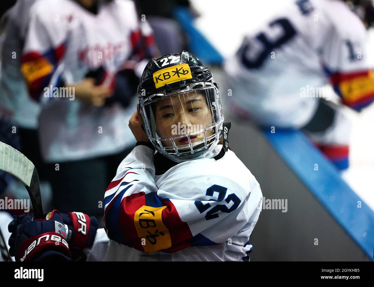 Republic of Korea’s Si Yun Jung during the Beijing 2022 Olympics Women's Pre-Qualification Round Two Group F match at the Motorpoint Arena, Nottingham. Stock Photo