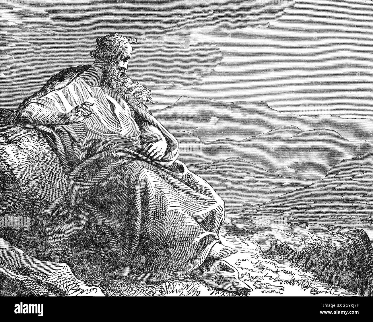 A late 19th Century illustration from the Book of Genesis of Moses on Mount Nebo, viewing the 'Promised Land', the geographic area God declared to give to his chosen people, the offspring of Abraham. The promised land was in ancient Canaan, on the eastern side of the Mediterranean Sea. Hence perhaps the genocide of the Canaanites. Stock Photo