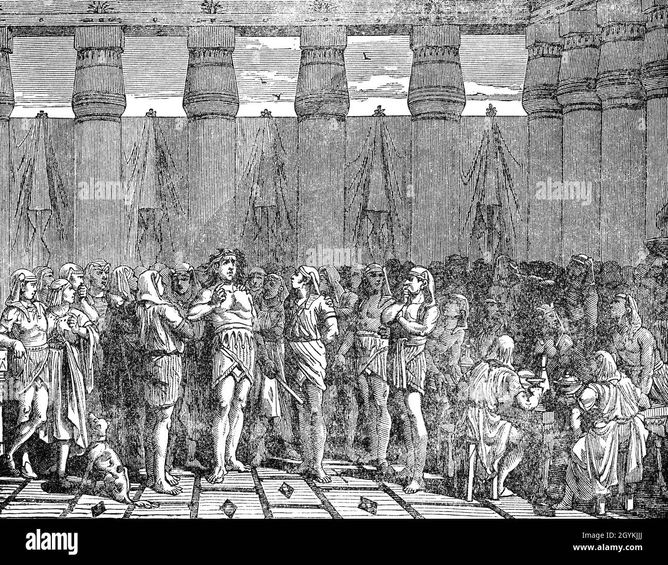 A late 19th Century illustration from the Book of Genesis of Samson's riddle: “Out of the eater came something to eat, and out of the strong came something sweet.”  The riddle was impossible to deduce as it as based on a private experience of Samson's, who killed a young lion and found bees and honey in its corpse. The Philistines, who could not solve the riddle, extorted the answer from Samson's unnamed wife, who persuaded Samson to tell it to her. The prize was 30 under shirts and suits for which Samson slew 30 Philistine men to pay the terms. Stock Photo