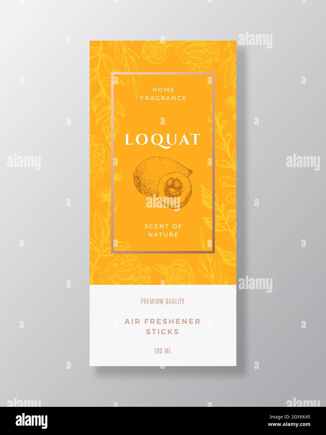 Loquat Home Fragrance Abstract Vector Label Template. Hand Drawn Sketch Flowers, Leaves Background and Retro Typography. Premium Room Perfume Stock Vector