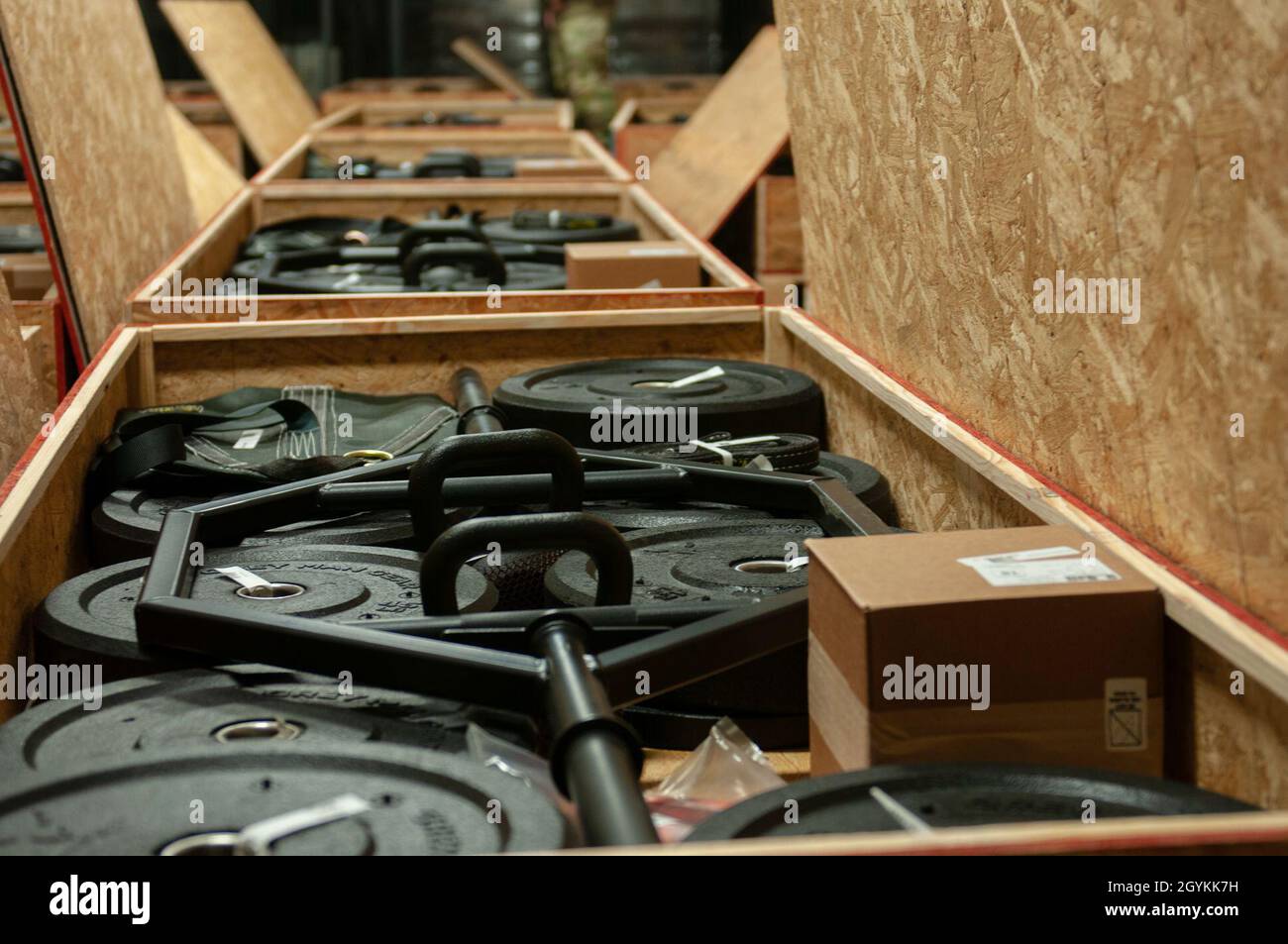 Rows of Army Combat Fitness Test equipment are prepared for inventory ...