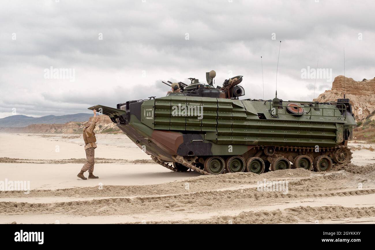 U.S. Marine Corps Cpl. Alexander Pritchard, a crew chief with 3rd Assault Amphibian Battalion, prepares an AAV-P7/A1 assault amphibious vehicle for section-level beach landing training during Exercise Iron Fist 2020 on Marine Corps Base Camp Pendleton, California, Jan. 20. Exercises like Iron Fist enhance the Marine Corps ability to quickly deploy sea-based assets and provide military forces anywhere in the world. (U.S. Marine Corps photo by Sgt. Desiree King) Stock Photo