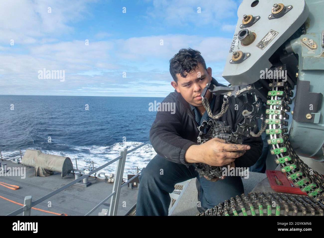 PACIFIC OCEAN (Jan. 21, 2020) Fire Controlman 2nd Class Oscar Mantillo, from Spokane, Wash., removes elements from the Phalanx close-in weapon system (CIWS) aboard the Arleigh Burke-class guided-missile destroyer USS Paul Hamilton (DDG 60) Jan. 21, 2020. Paul Hamilton, part of the Theodore Roosevelt Carrier Strike Group, is on a scheduled deployment to the Indo-Pacific. (U.S. Navy photo by Mass Communication Specialist 3rd Class Matthew F. Jackson) Stock Photo