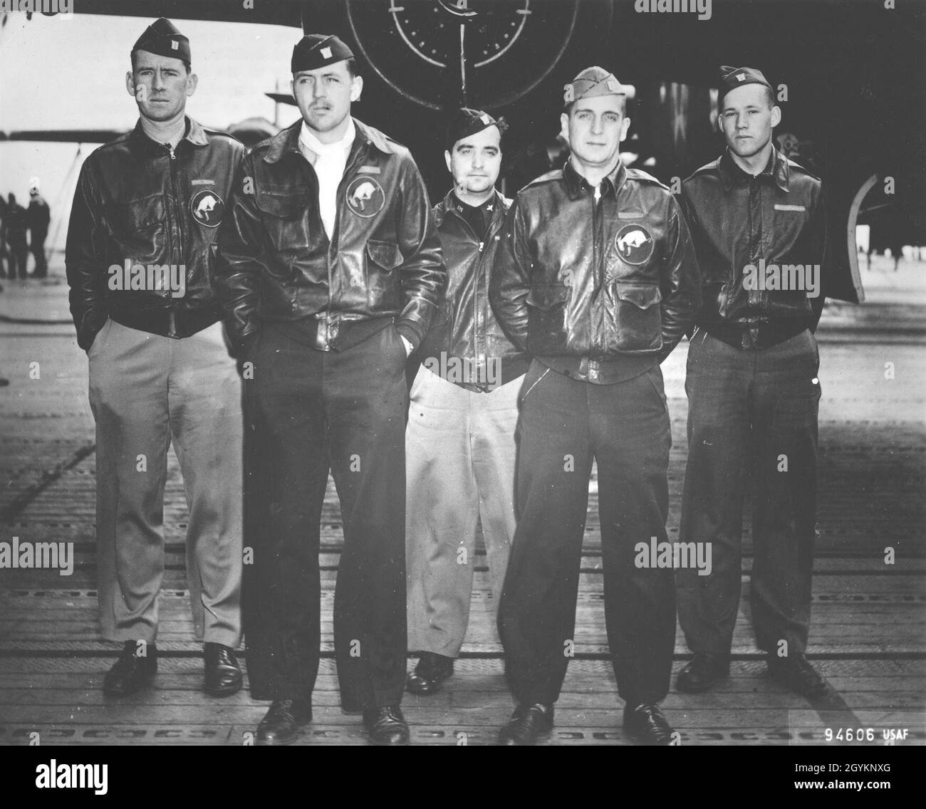 Crew No. 7 (Plane #40-2261, target Tokyo): 95th Bombardment Squadron, Lt. Ted W. Lawson, pilot; Lt. Dean Davenport, copilot; Lt. Charles L. McClure, navigator; Lt. Robert S. Clever, bombardier; Sgt. David J. Thatcher, flight engineer/gunner. (U.S. Air Force photo) Stock Photo
