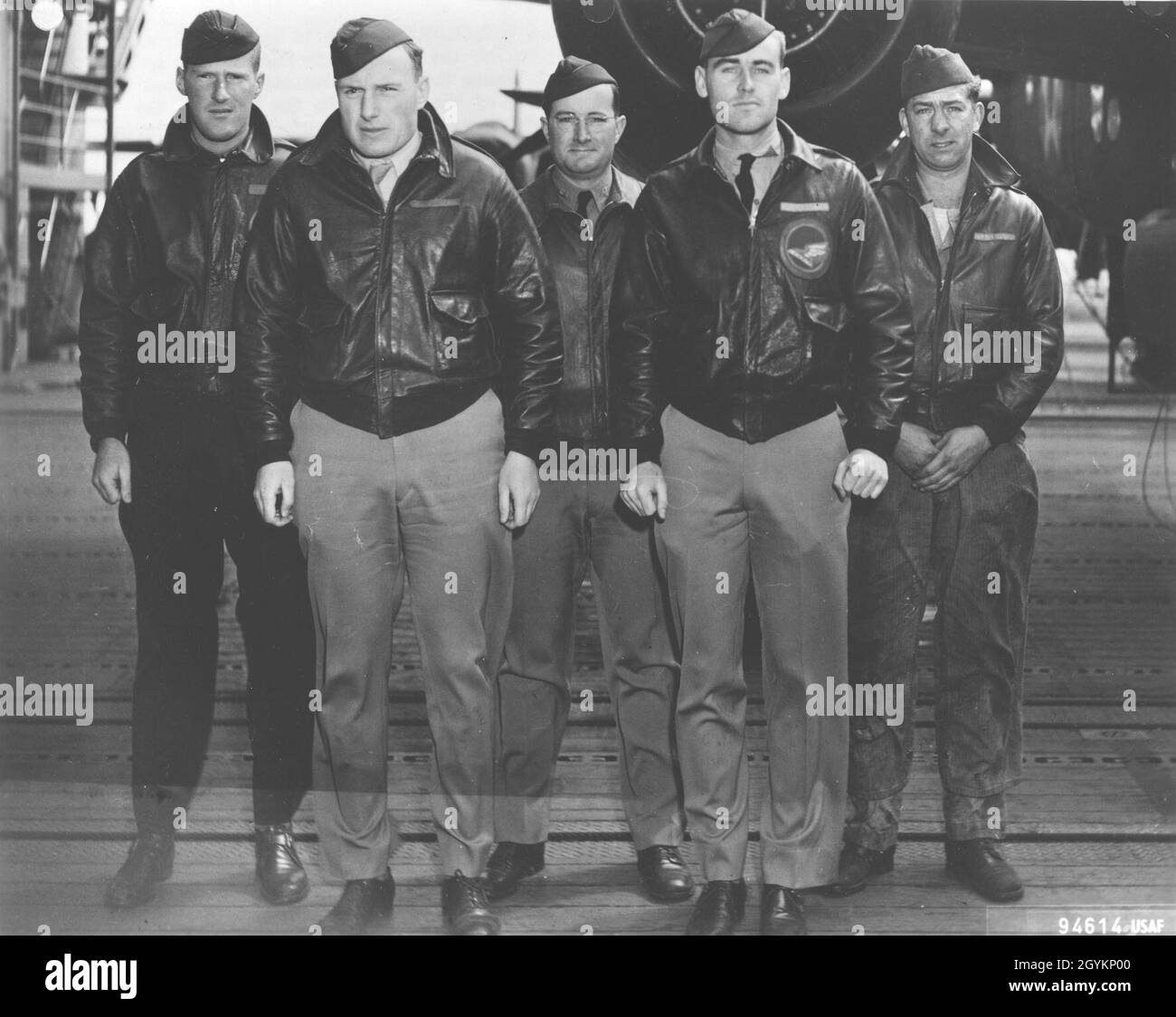 Crew No. 15 (Plane #40-2267, target Nagoya): 89th Reconnaissance Squadron, Lt. Donald G. Smith, pilot; Lt. Griffith P. Williams, copilot; Lt. Howard A. Sessler, navigator/bombardier; Lt. Thomas R. White, flight engineer; Sgt. Edward J. Saylor, gunner. (U.S. Air Force photo) Stock Photo