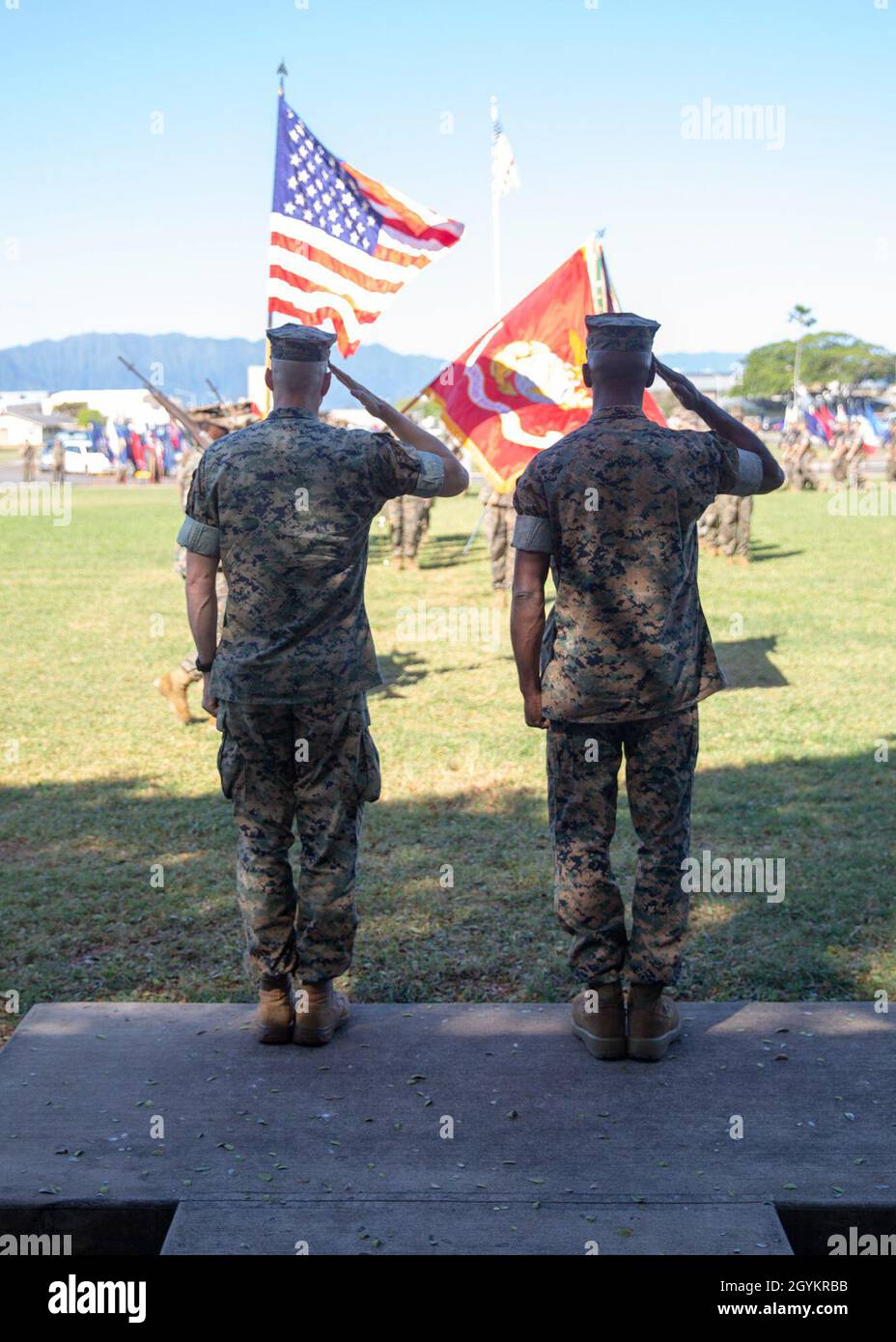 U.S. Marine Corps Lt. Col. James Reid, outgoing commanding officer, left, 3rd Battalion, 3rd Marine Regiment and Lt. Col. George Gordy, oncoming commanding officer salute the colors during a pass in review at their change of command ceremony on Marine Corps Base Hawaii, Jan, 23. 2020. Lt. Col James Reid relinquished command to Lt. Col. George Gordy IV. (U.S. Marine Corps photo by Cpl. Eric Tso) Stock Photo