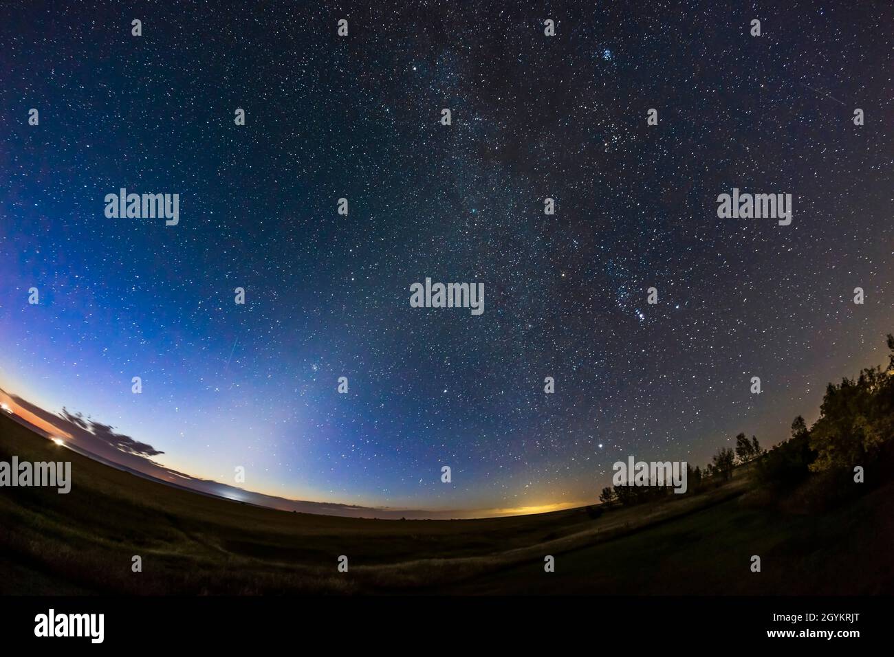 The Zodiacal Light in the dawn sky, September 14, 2021, from home in Alberta, with the winter sky rising. Orion and the winter stars are at right with Stock Photo
