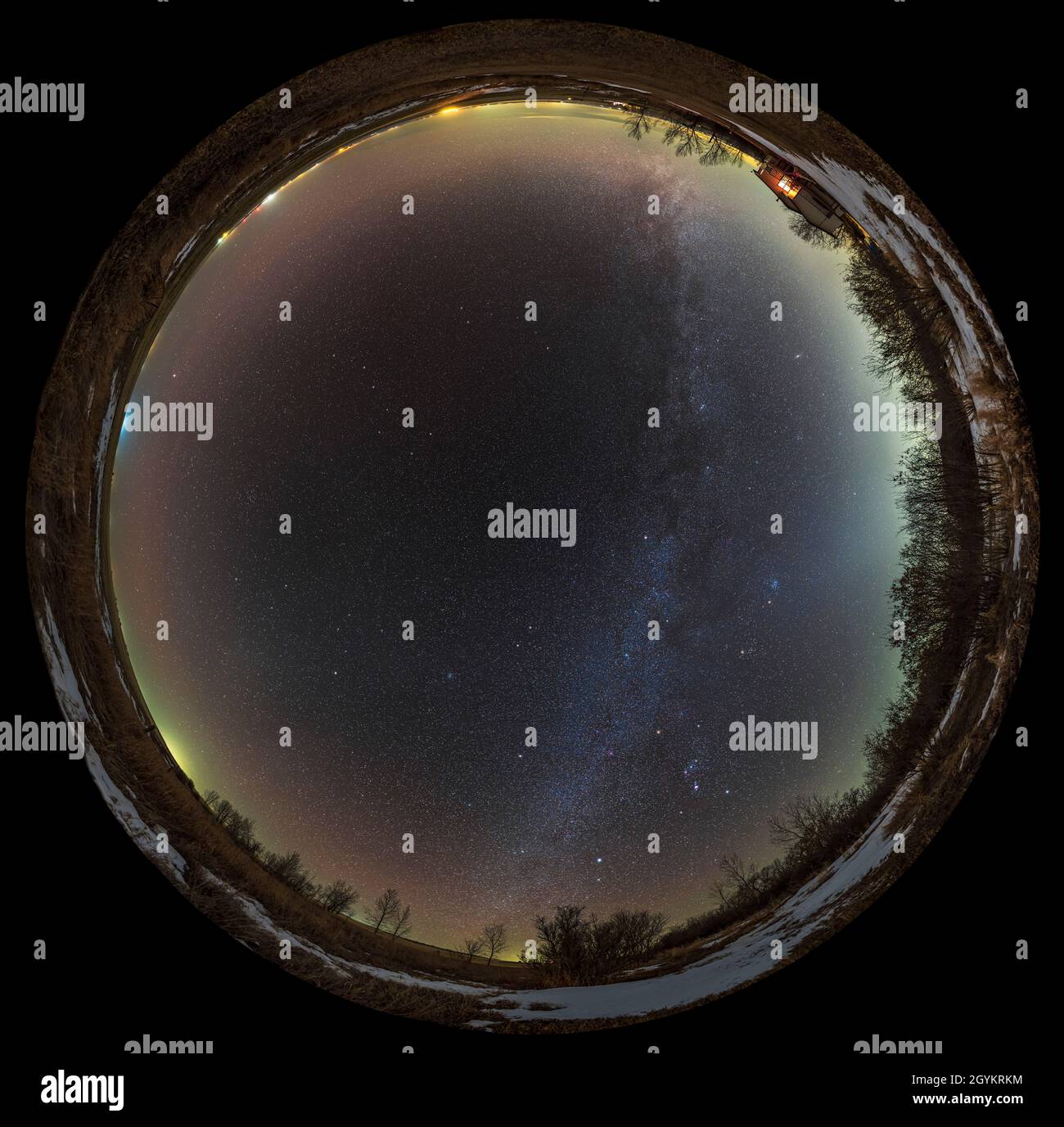 A 360° panorama of the entire later winter/early spring sky from northern latitudes, with the winter Milky Way stretching across the sky, from south ( Stock Photo