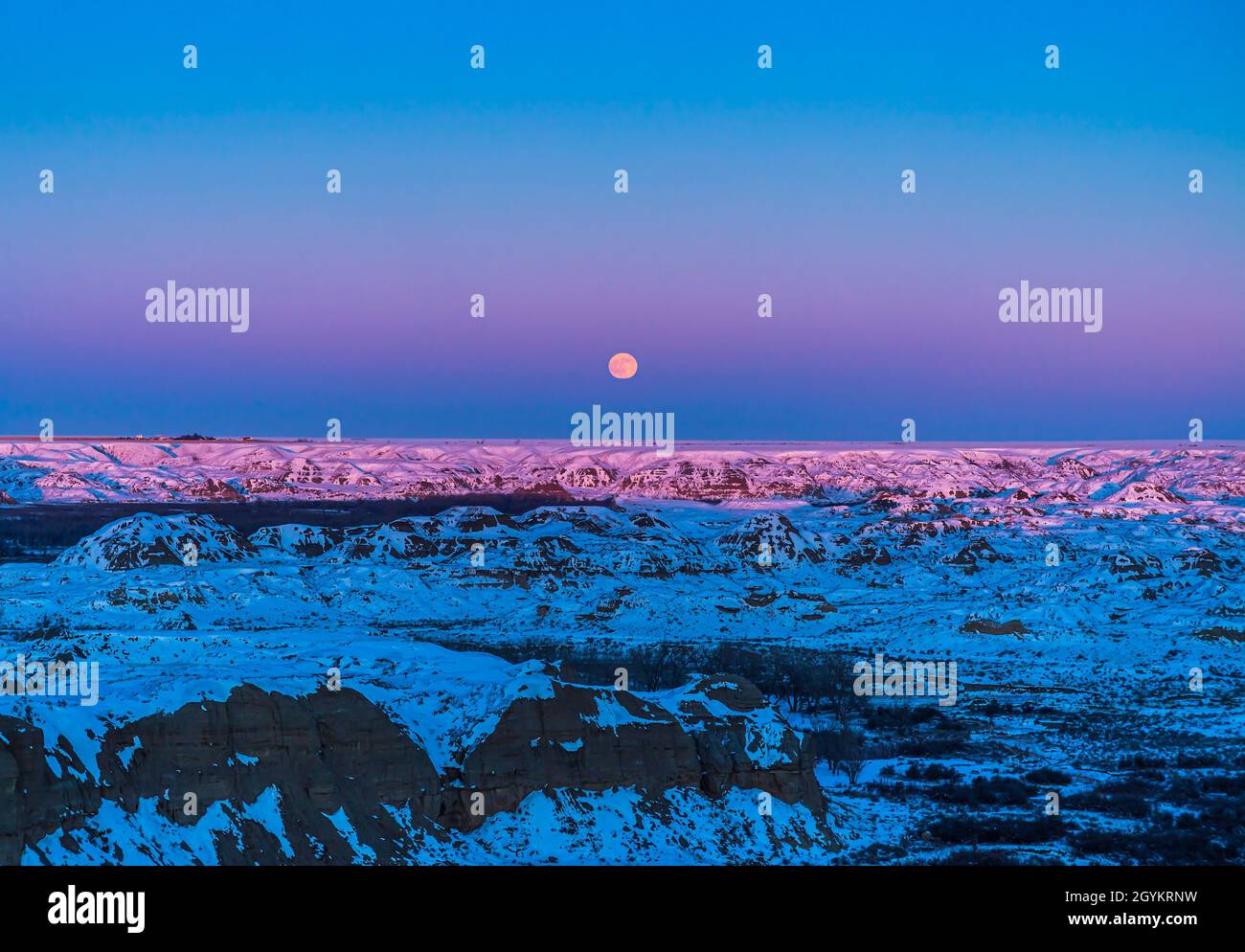 The Full 'Cold' Moon of December 29, 2020 rising over the Badlands of Dinosaur Provincial Park, Alberta, on the Red Deer River. The last light of the Stock Photo