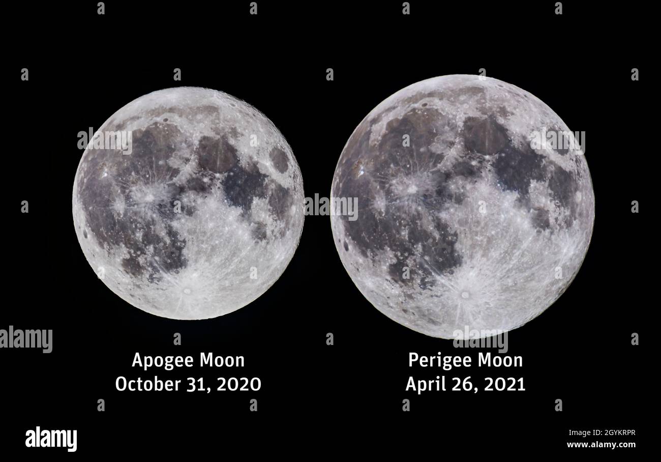 This is a comparison pair of the Full Moon at apogee (farthest from Earth for the year) at left, and at perigee (closest to Earth) at right, with the Stock Photo