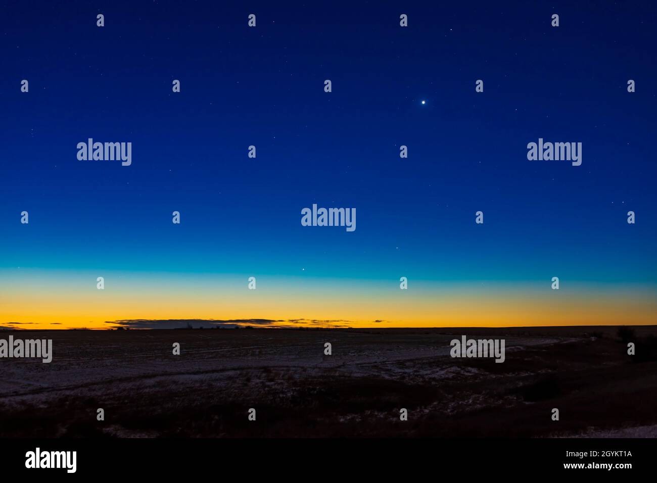 The two inner planets as morning “stars” in the pre-dawn sky, Nov. 9, 2020, with Mercury below and brighter Venus above. The star Spica is  above and Stock Photo