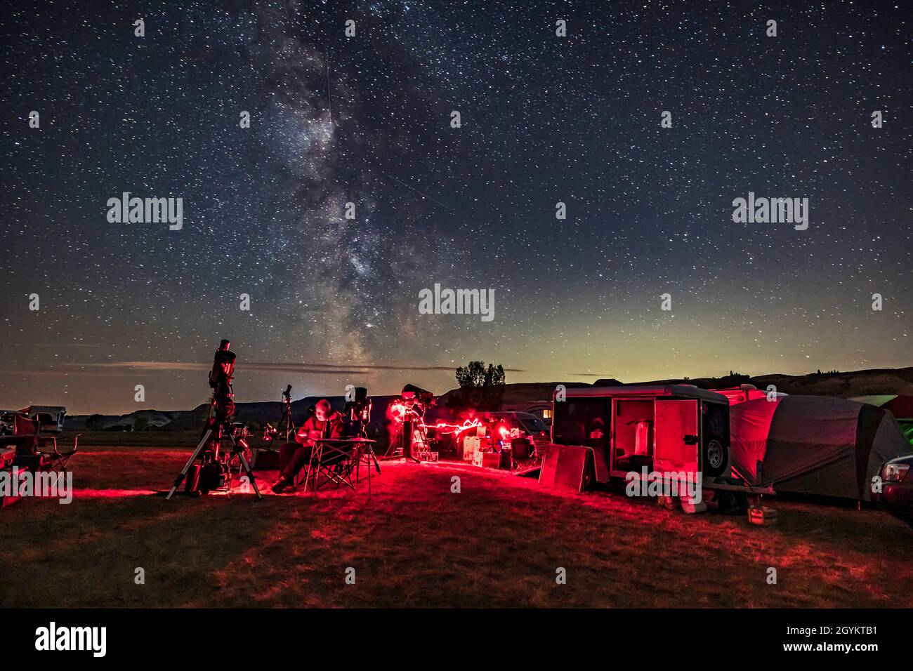 A group of observers with telescopes at the Alberta Star Party, September 3-4, 2021, in the Starland County Recreation Area on the Red Deer River. Stock Photo