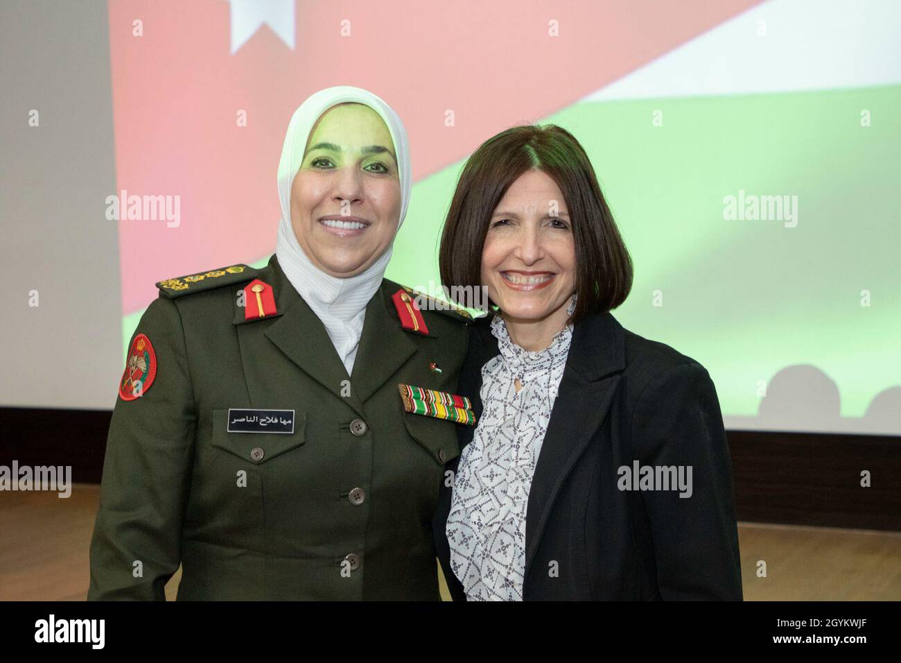 Jordan Armed Forces Arab Army Col. Maha Al Nasser left with director of Military Women s Affairs in Jordan poses for a photo with U.S. Air Force Col. Jennifer Garrison 322 Air Expeditionary Medical Gr...
