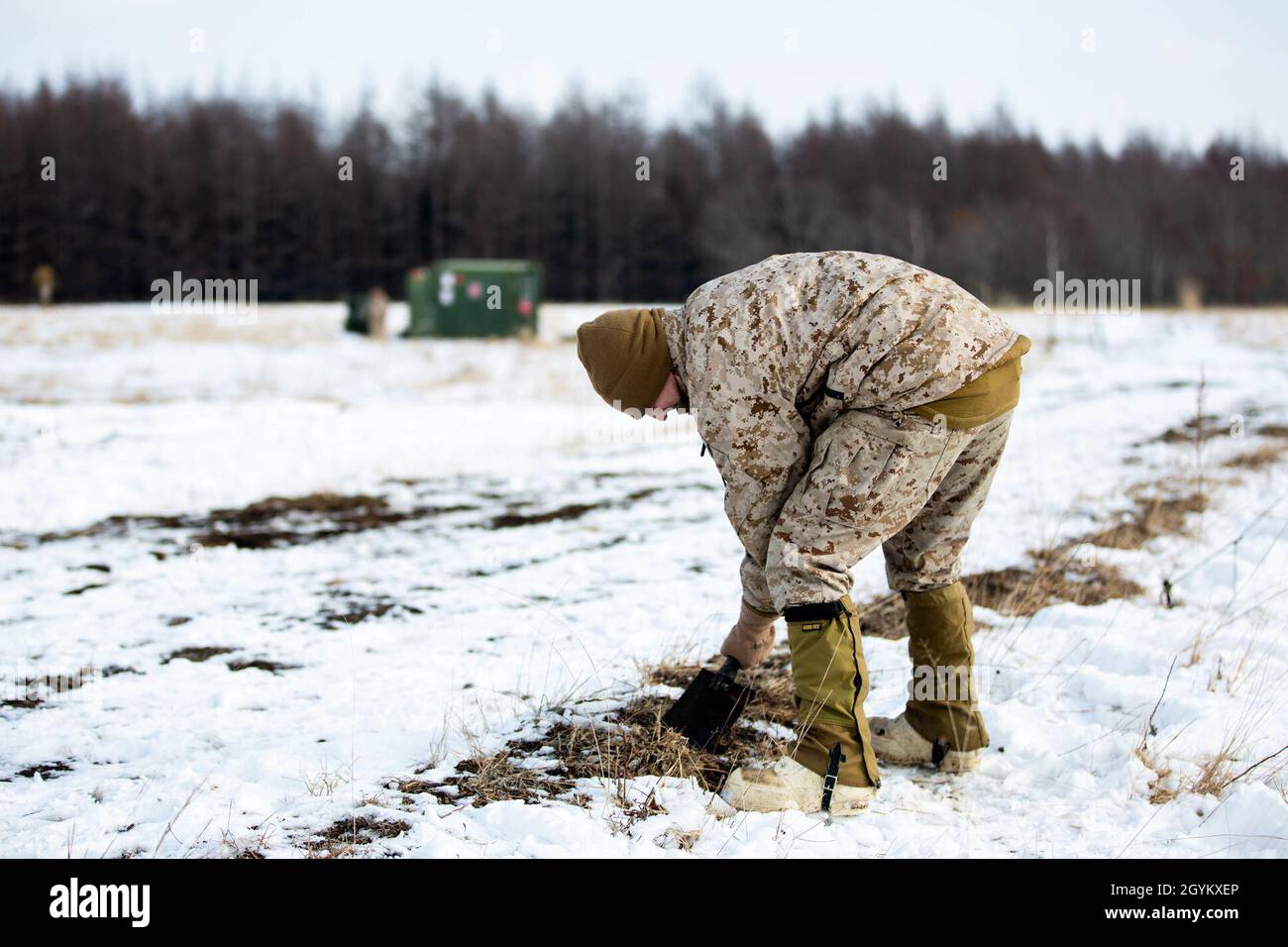 U.S. Marines from Marine Air Control Squadron 4 (MACS-4), Marine Air Control Group 18 (MACG-18), 1st Marine Air Wing, maintain a Forward Arming and Refueling Point (FARP) during exercise Northern Viper on Yausubetsu Training Area, Hokkaido, Japan, Jan. 24, 2020. FARPs give Marines the capabilities to rapidly re-arm munitions and refuel aircraft while forward deployed. Northern Viper is a regularly scheduled training exercise that is designed to enhance the collective defense capabilities of the U.S. and Japan Alliance by allowing infantry units to maintain their lethality and proficiency in in Stock Photo