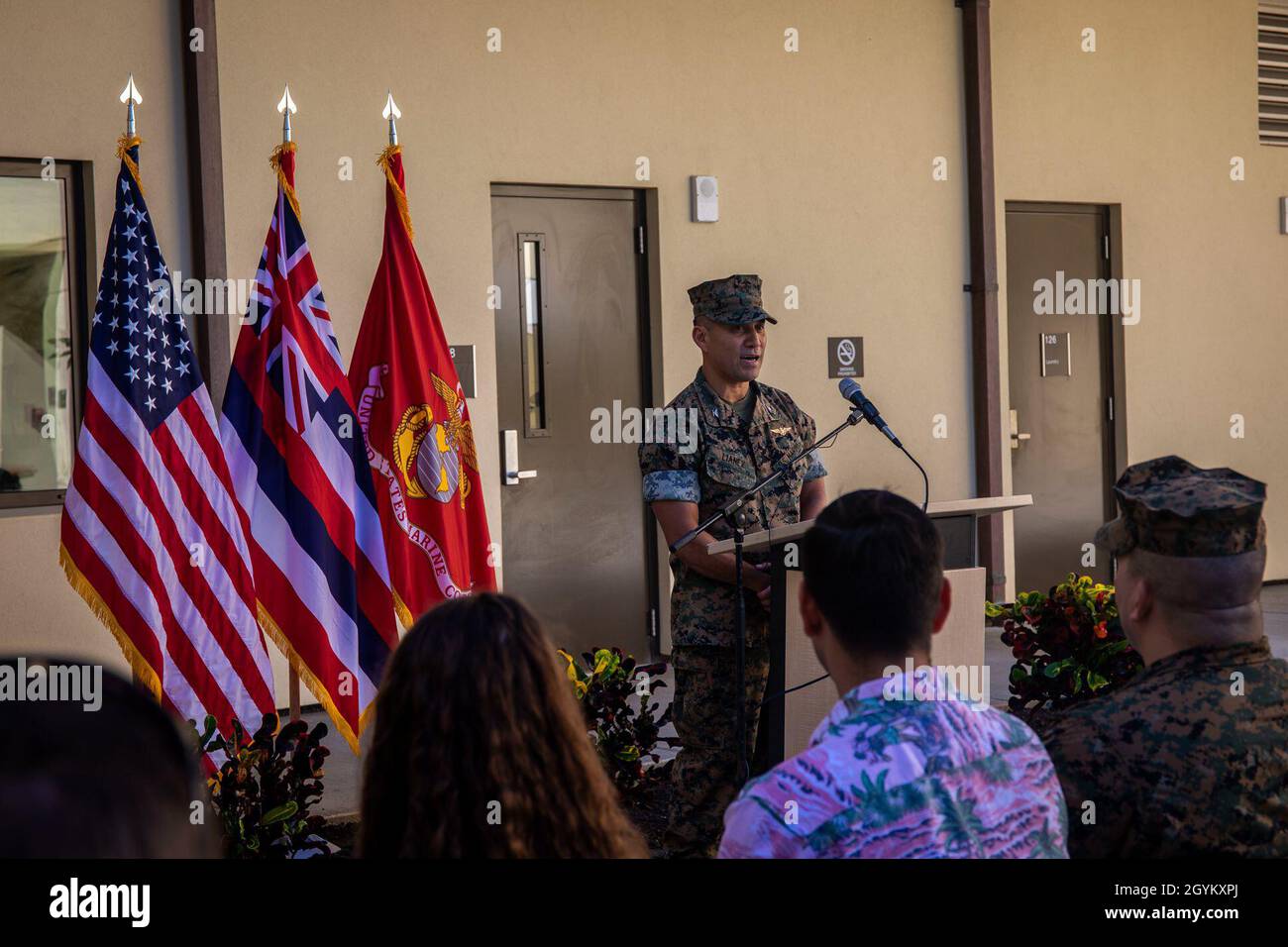 U.S. Marine Corps Col. Raul Lianez, commanding officer, Marine Corps Base Hawaii (MCBH), speaks to Service members and guests during the Bachelor Enlisted Quarters (BEQ), Bldg. 7251, Untying Maile Lei ceremony, MCBH, Jan. 24, 2020. The BEQ provides Marines with berthing that fully incorporates industry advancements since the Second World War, and looks toward meeting the 38th Commandant’s Planning Guidance and the Defense Policy Review Initiative. Guests in attendance included Col. Raul Lianez; Col. Stephen Lightfoot; Rep. Ed Case; Mr. Carlos Santa, Community Liaison (Sen. Hirono); Mr. Brandon Stock Photo