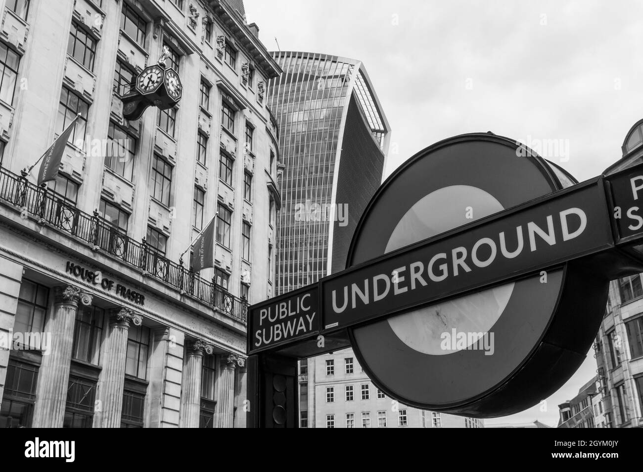 London Underground Subway sign. Black and white photography Stock Photo