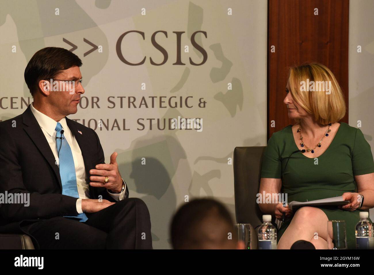 Defense Secretary Dr. Mark T. Esper and moderator Kathleen Hicks, senior vice president, Henry A. Kissinger Chair, and director of the International Security Program at CSIS, discuss China’s malevolent behavior at the Center for Strategic and International Studies’ Global Security Forum in Washington, Jan. 24, 2020. Stock Photo