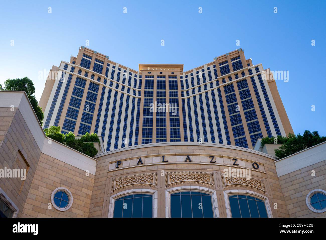 Las Vegas, NV, USA – June 8, 2021: Exterior view of the Palazzo Hotel and Casino located in Las Vegas, Nevada. Stock Photo