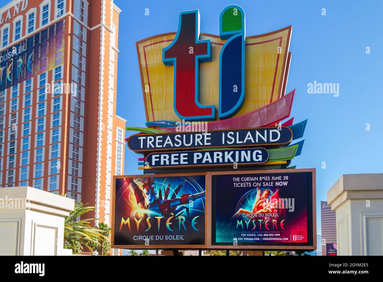 Las Vegas, NV, USA – June 8, 2021: Marquee sign for Treasure Island Hotel and Casino located in Las Vegas, Nevada. Stock Photo