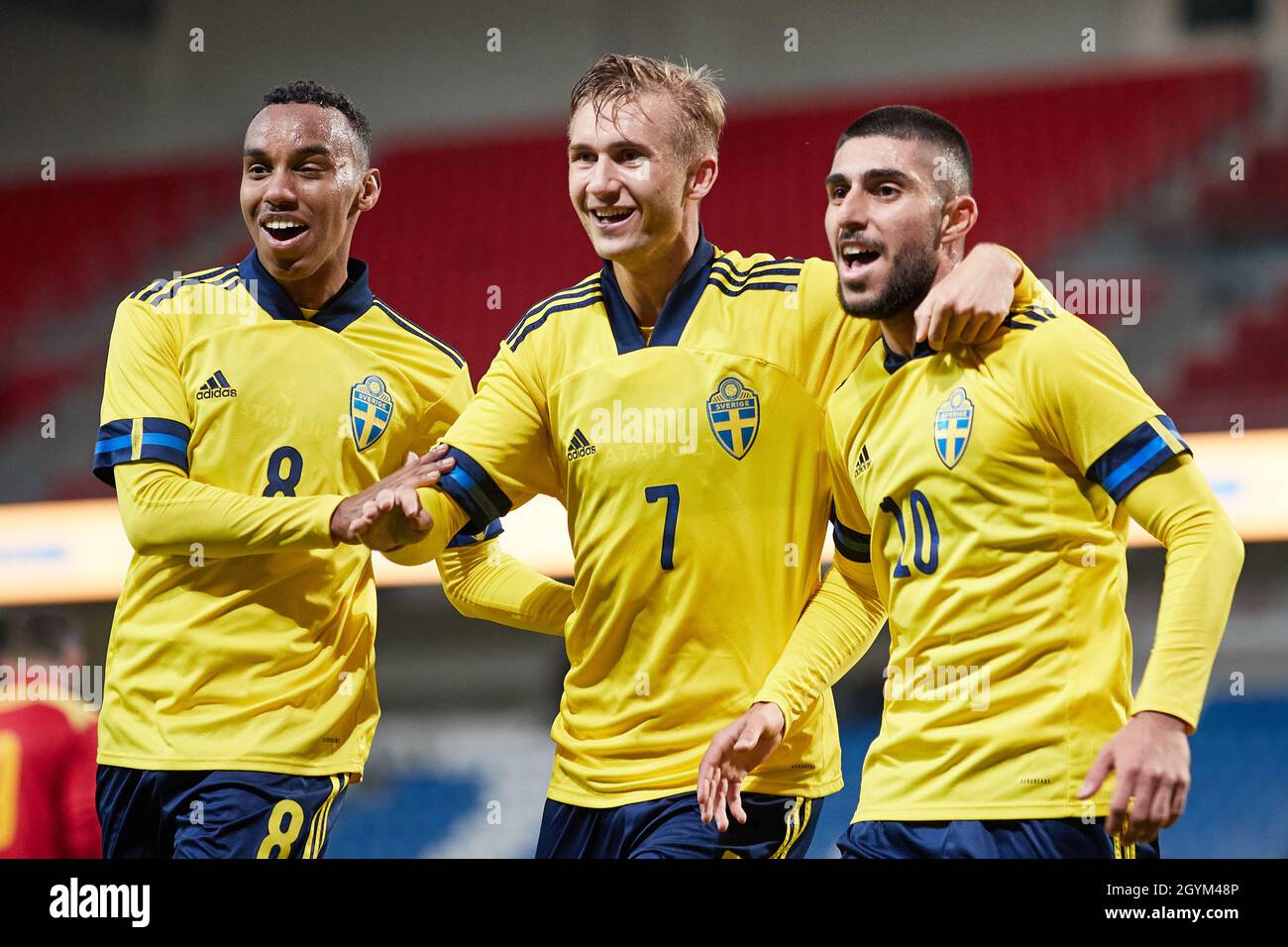 Sweden's Rami Hajal (R) celebrates his goal with Bilal Hussein and Benjamin  Nygren during the Uefa U21 Championships qualifier Group F football match  Stock Photo - Alamy