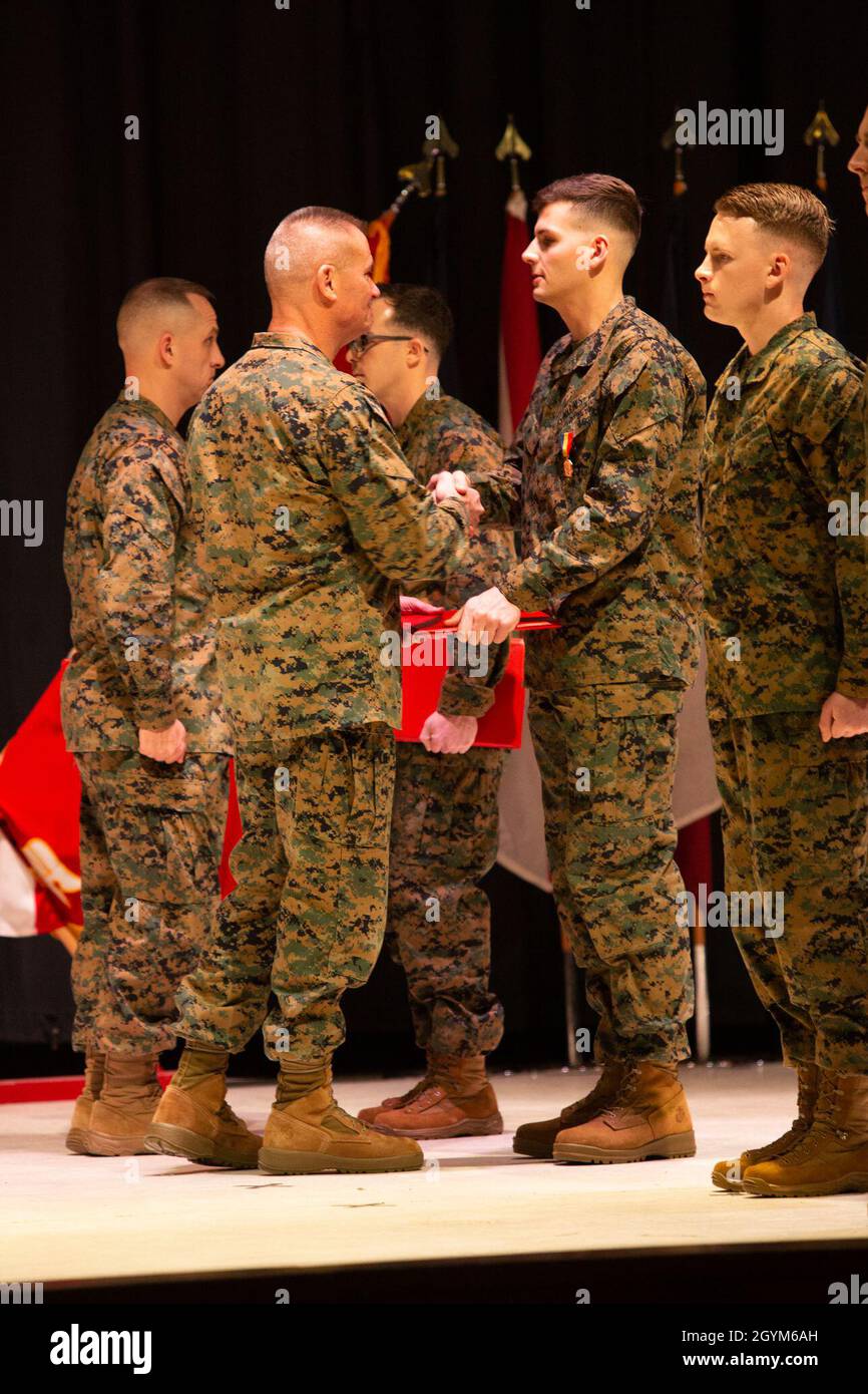 Maj. Gen. Karsten Heckl (left), commanding general, 2nd Marine Aircraft Wing, presents Sgt. Anders Larson with the Navy and Marine Corps Medal aboard Marine Corps Air Station Cherry Point, North Carolina, January 28, 2019. Larson received this award for his heroic efforts while saving a family at Atlantic Beach, North Carolina. (U.S. Marine Corps photo by Staff Sgt. William L. Holdaway) Stock Photo