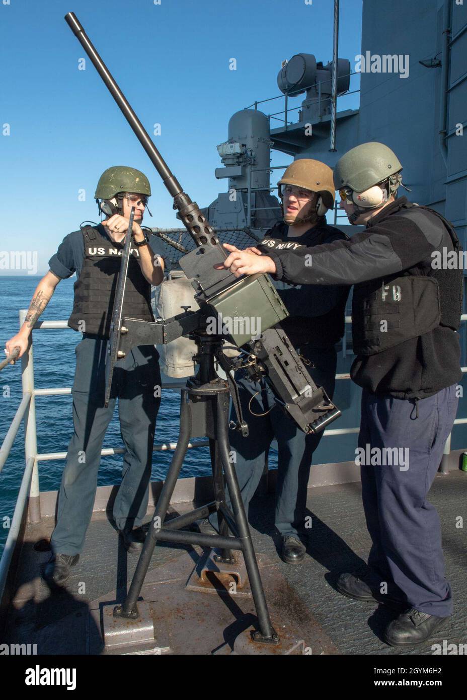 200128-N-VF045-1020   (Jan. 28, 2020) Sailors stand watch on the fantail aboard the aircraft carrier USS Nimitz (CVN 68). Nimitz is currently underway conducting routine operations. (U.S. Navy photo by Mass Communication Specialist 3rd Class James Hong/Released) Stock Photo