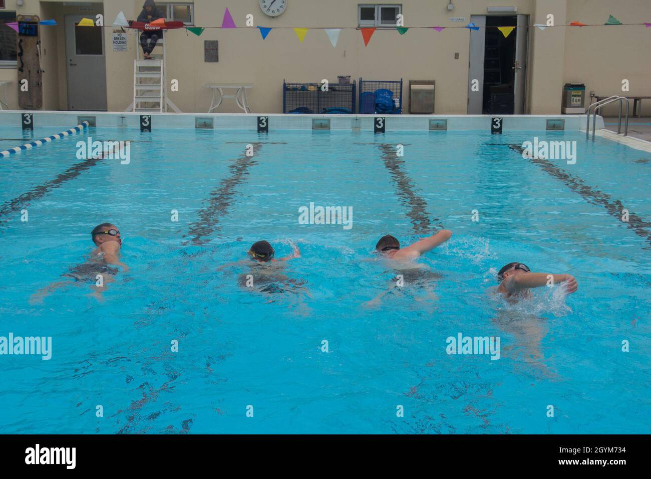 U.S. Marines execute a timed 500meter swim during a water survival