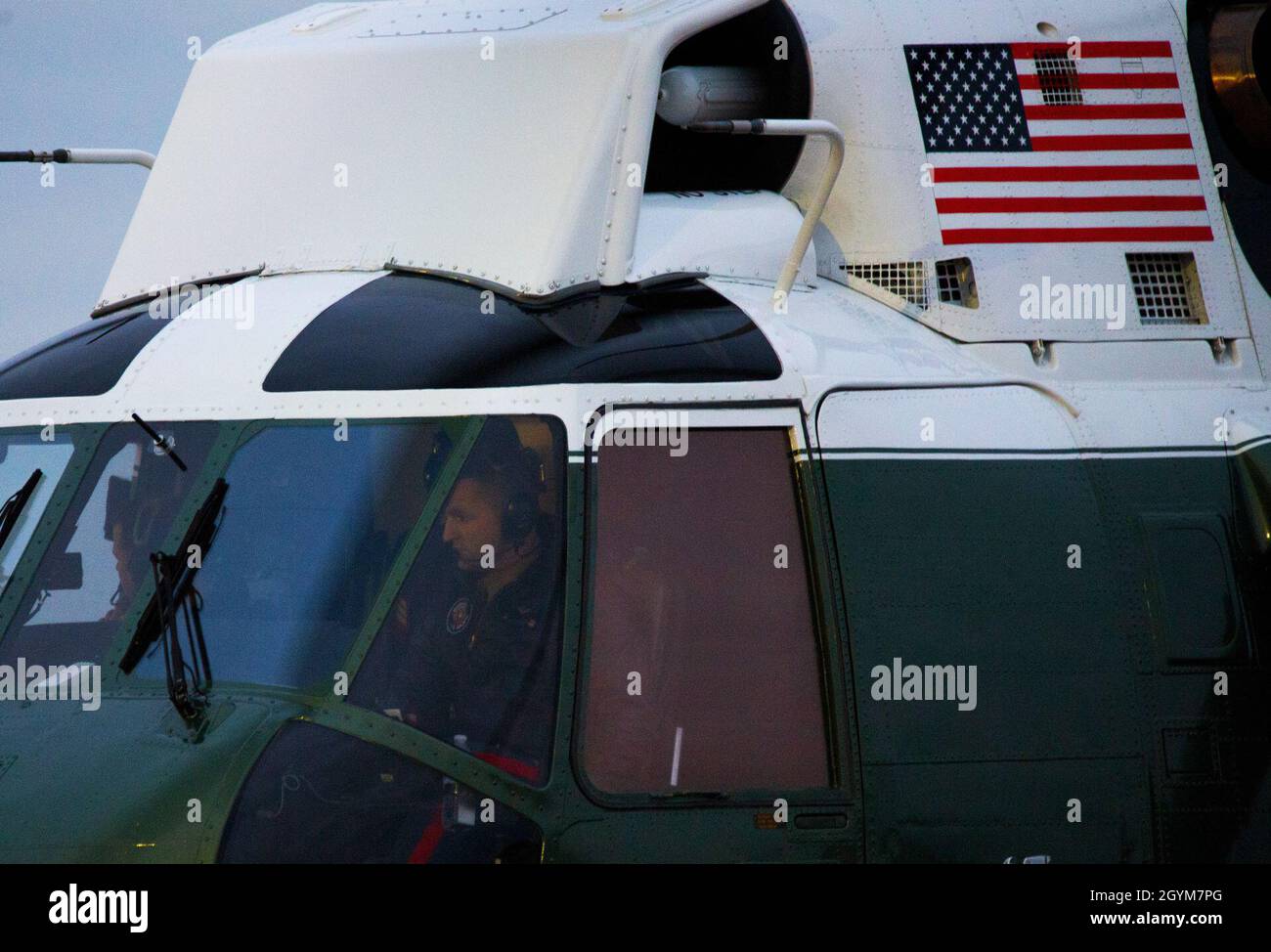Marine One taxis onto the FAA William J. Hughes Technical Center ramp Jan. 28, 2020, at the Atlantic City International Airport in Egg Harbor Township, N.J. Marine One arrived at the airport prior to the arrival of President Donald J. Trump in Air Force One. (U.S. Air National Guard photo by Airman Hunter Hires) Stock Photo
