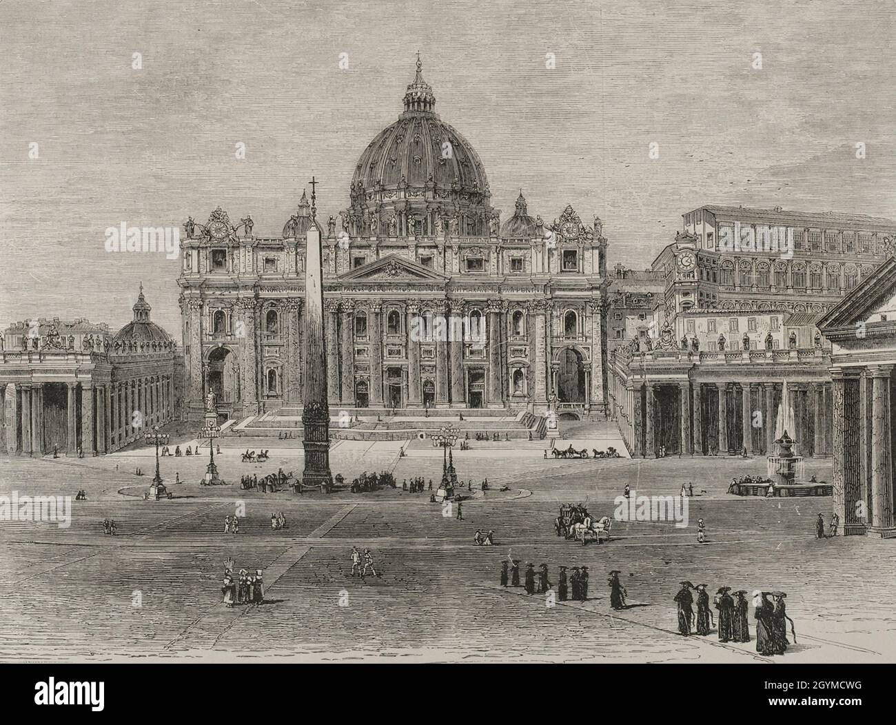 Exterior of St. Peter's Basilica and the Vatican Palace. Engraving. La Ilustración Española y Americana, 1878. Stock Photo