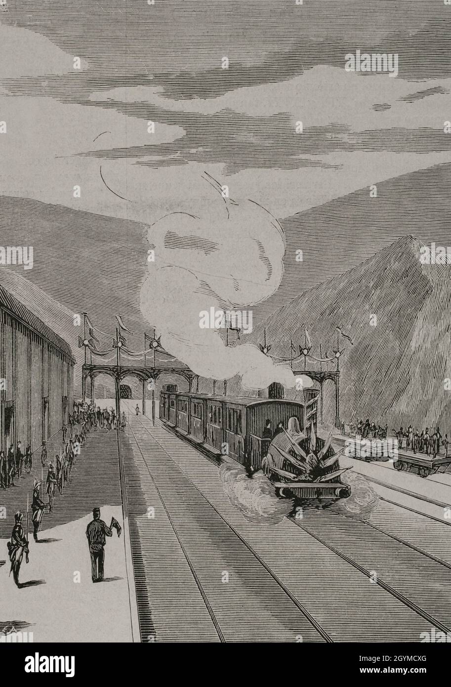History of transport, 19th century. Inauguration of the France Railroad in Gerona, on January 20, 1878. This section linked the general line of Catalonia with the French line of Perpignan. Arrival of the train with the Spanish commission at Port-Bou station. Engraving. La Ilustración Española y Americana, 1878. Stock Photo