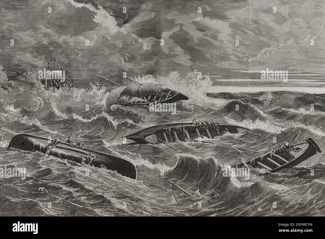 Wreck of fishing boats on the coast of the Cantabrian Sea, caused by the 'galerna' (violent storm with strong wind), on April 20, 1878. Bermeo, Basque Country, Spain. Illustration by Rafael Monleón. Engraving by Rico. La Ilustración Española y Americana, 1878. Stock Photo