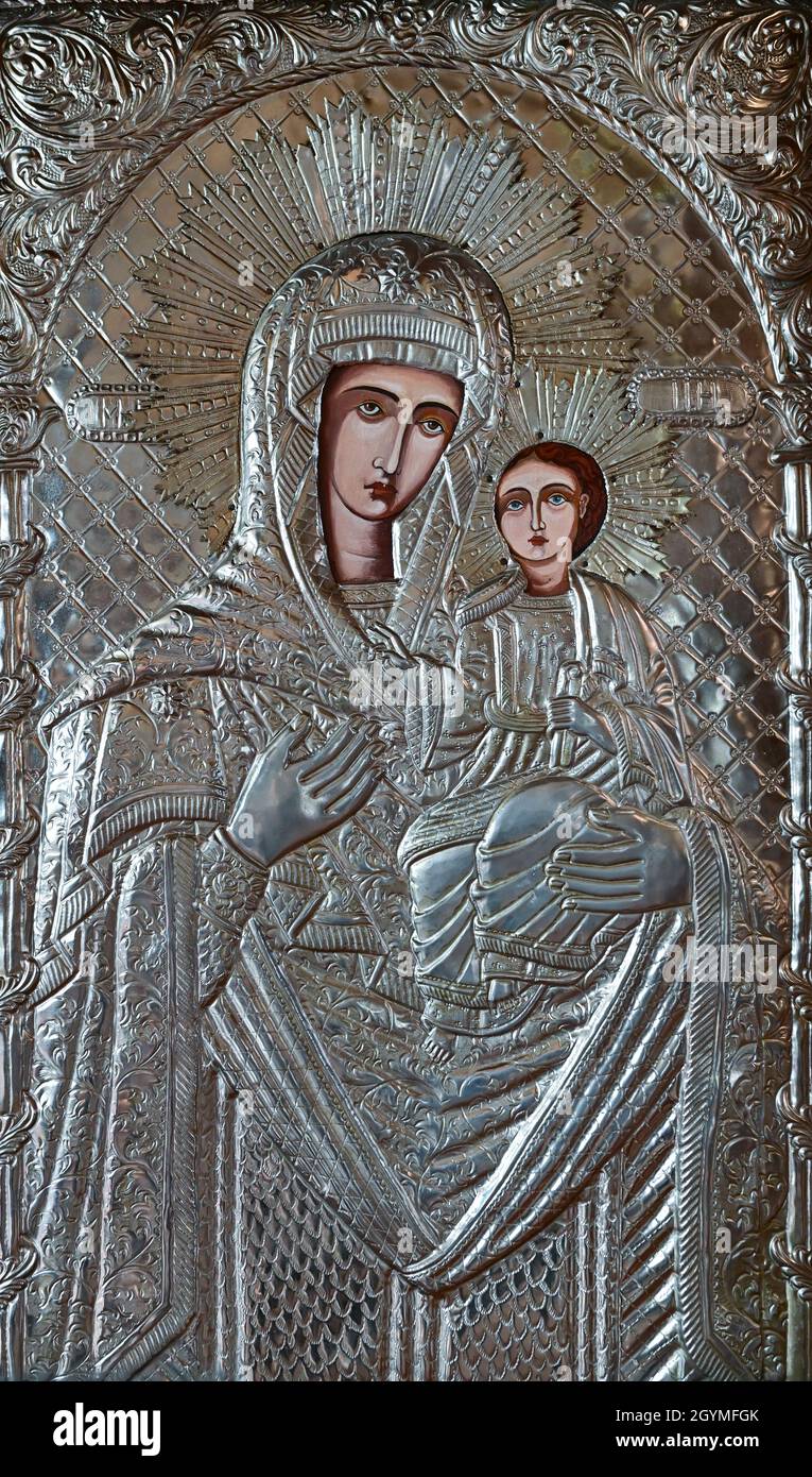 mother of God and baby Jesus church silver icon Stock Photo