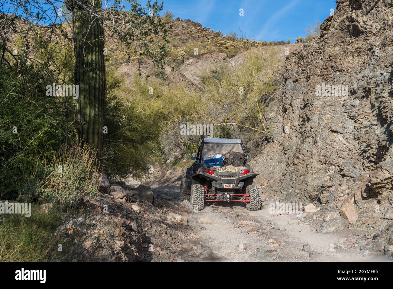 Following a 4WD UTV offroad vehicle on the Dripping Springs Trail in