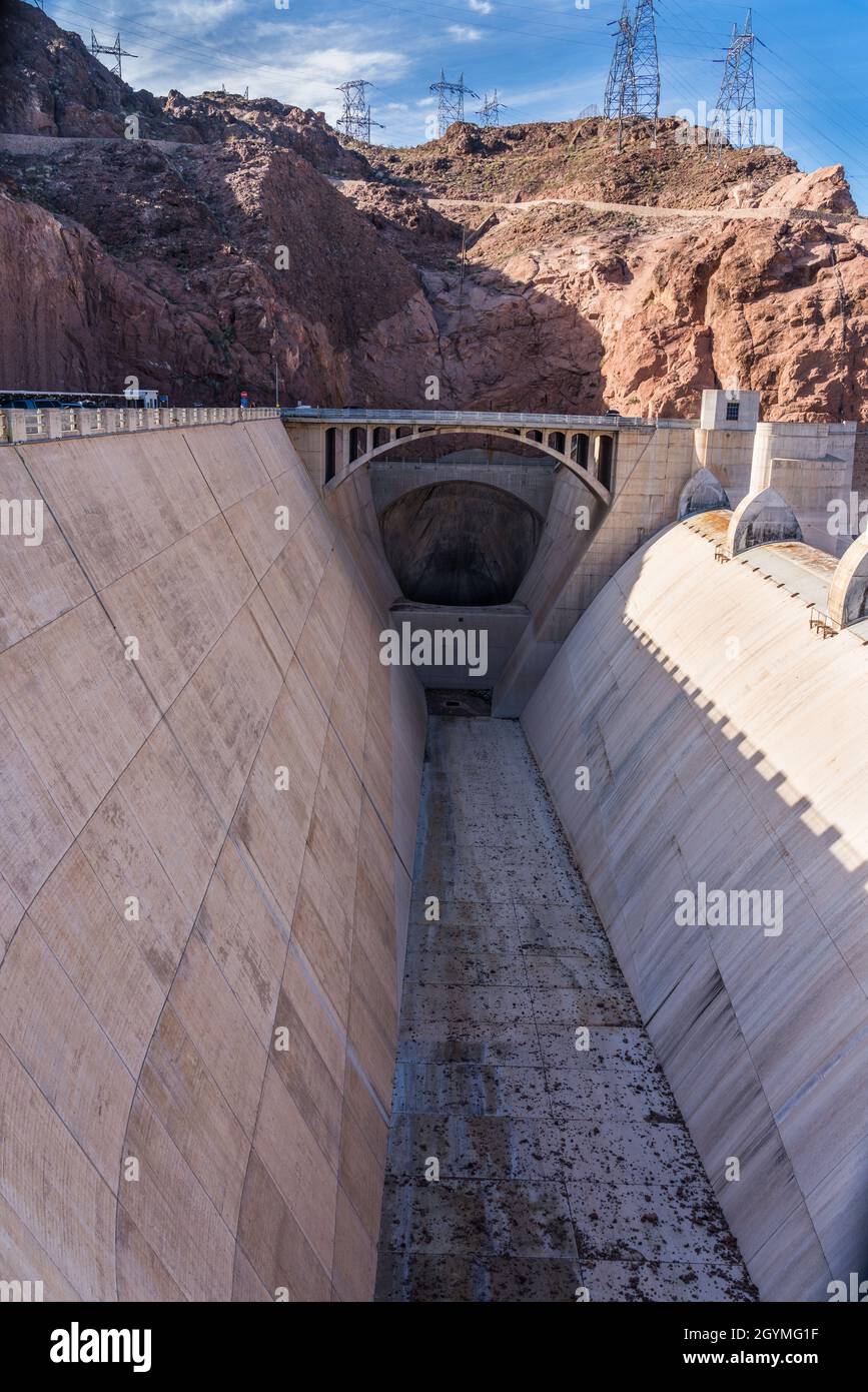 The dry Arizona spillway is put in use when the water of Lake Mead behind Hoover Dam becomes to high. Stock Photo