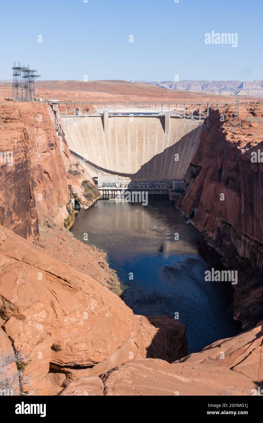 View of Glen Canyon Dam which impounds Lake Powell on the Colorado River, a source of clean hydroelectric power. Stock Photo