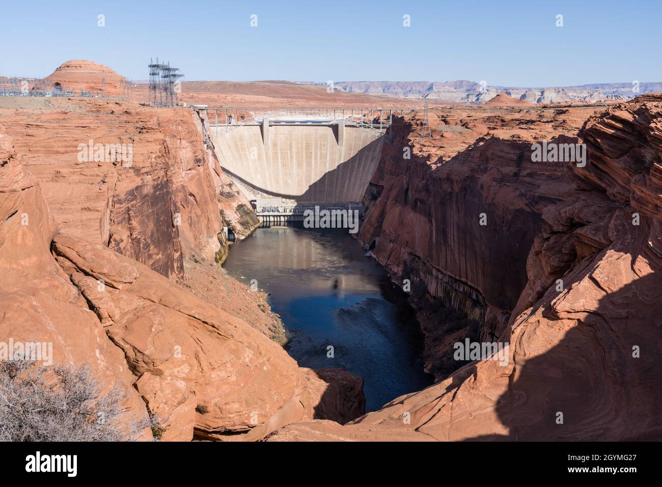 View of Glen Canyon Dam which impounds Lake Powell on the Colorado River, a source of clean hydroelectric power. Stock Photo