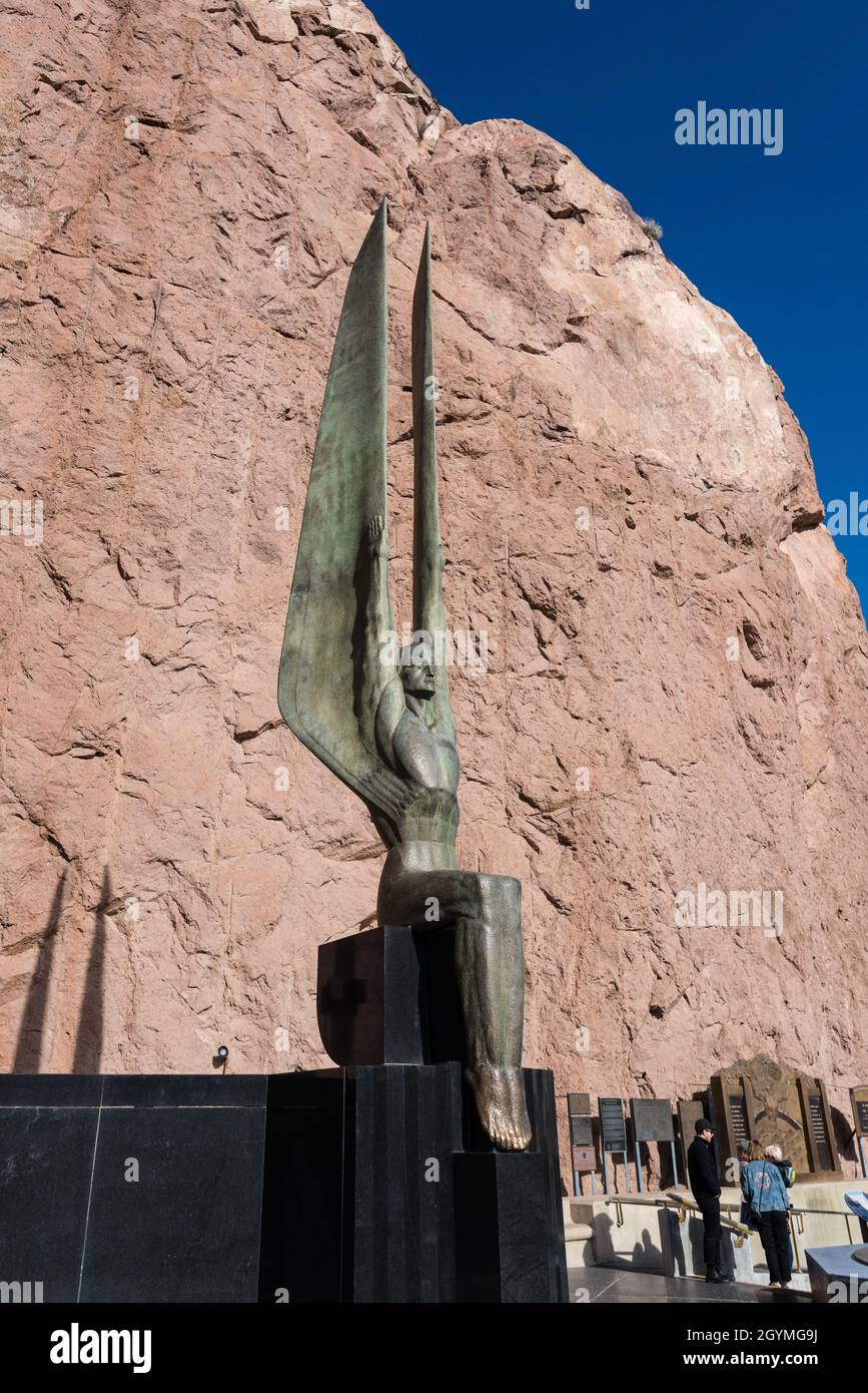 A large bronze statue in Art Deco-style called the Winged Figures of the Republic at the memorial plaza of the Hoover Dam. Stock Photo