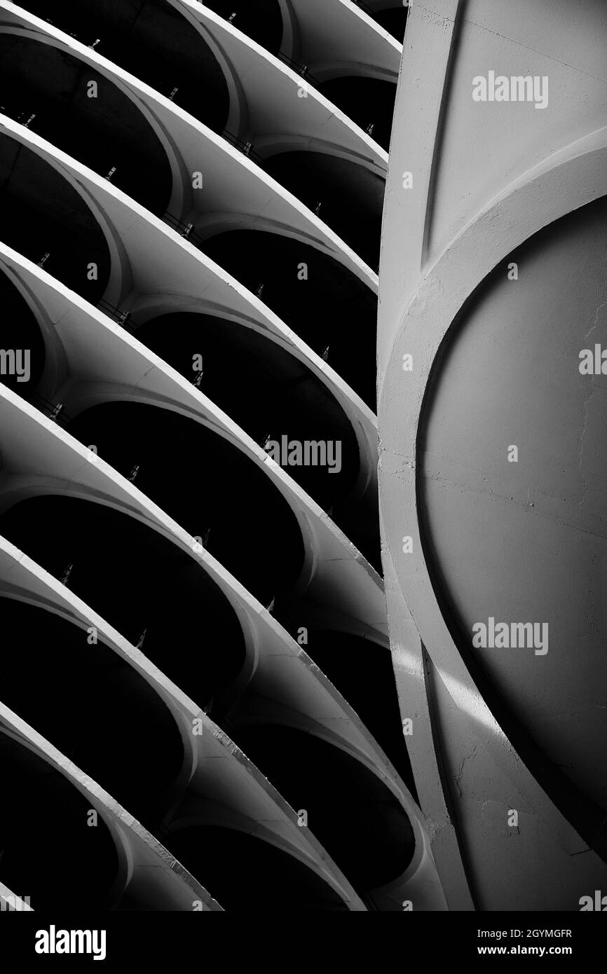 Black and white closeup view of Chicago architecture creating an abstract image Stock Photo