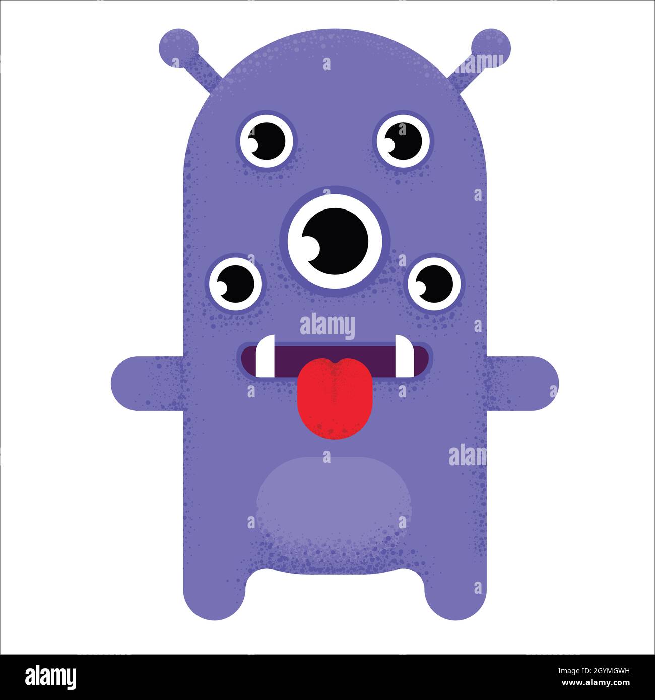 Multi-eyed cute cartoon monster. purple alien with many eyes, sharp teeth, thirsty tongue and head antenna. vector illustration. Stock Vector