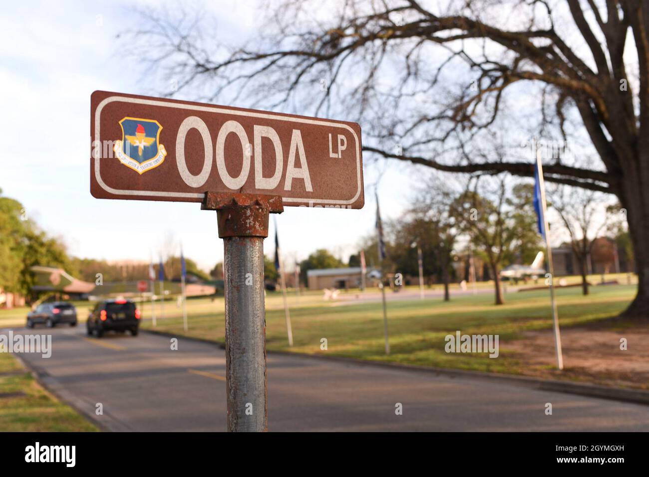 A street sign depicting OODA Loop sits on display February 3, 2020, at  Maxwell Air Force Base, Alabama. The looping street is a play on the acronym  for which it's named: Observe,