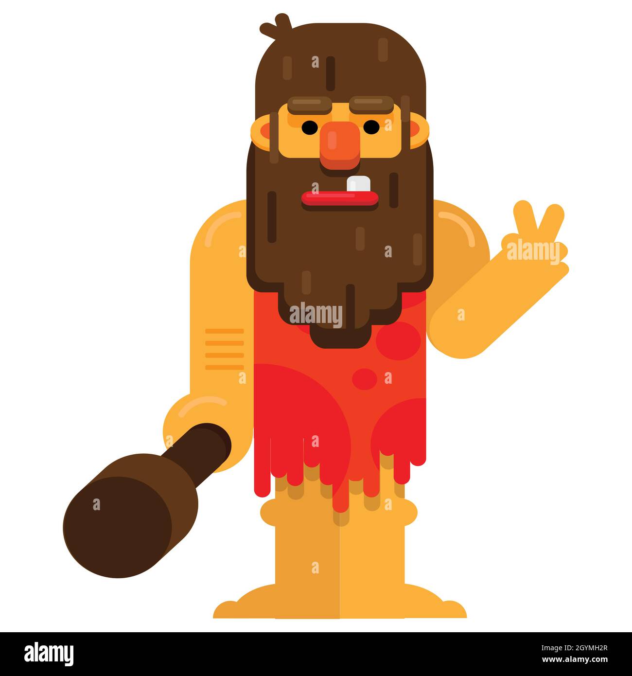 Caveman carrying a big club and showing victory sign. Flat style Vector illustration. Primitive archaic man isolated on white background. Stock Vector